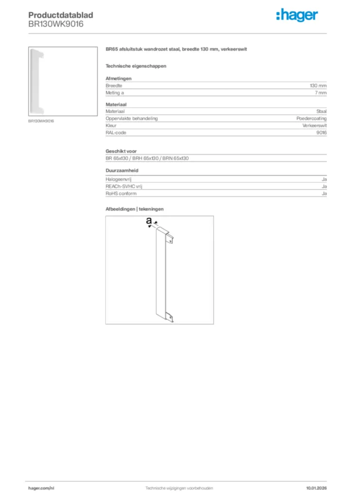 Afbeelding Hager Productdatablad BR130WK9016 | Hager Nederland