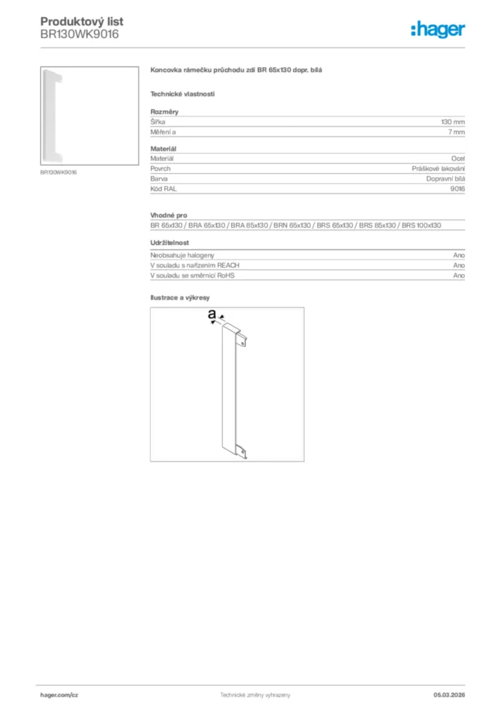Obrázek Hager Product data sheet BR130WK9016 | Hager