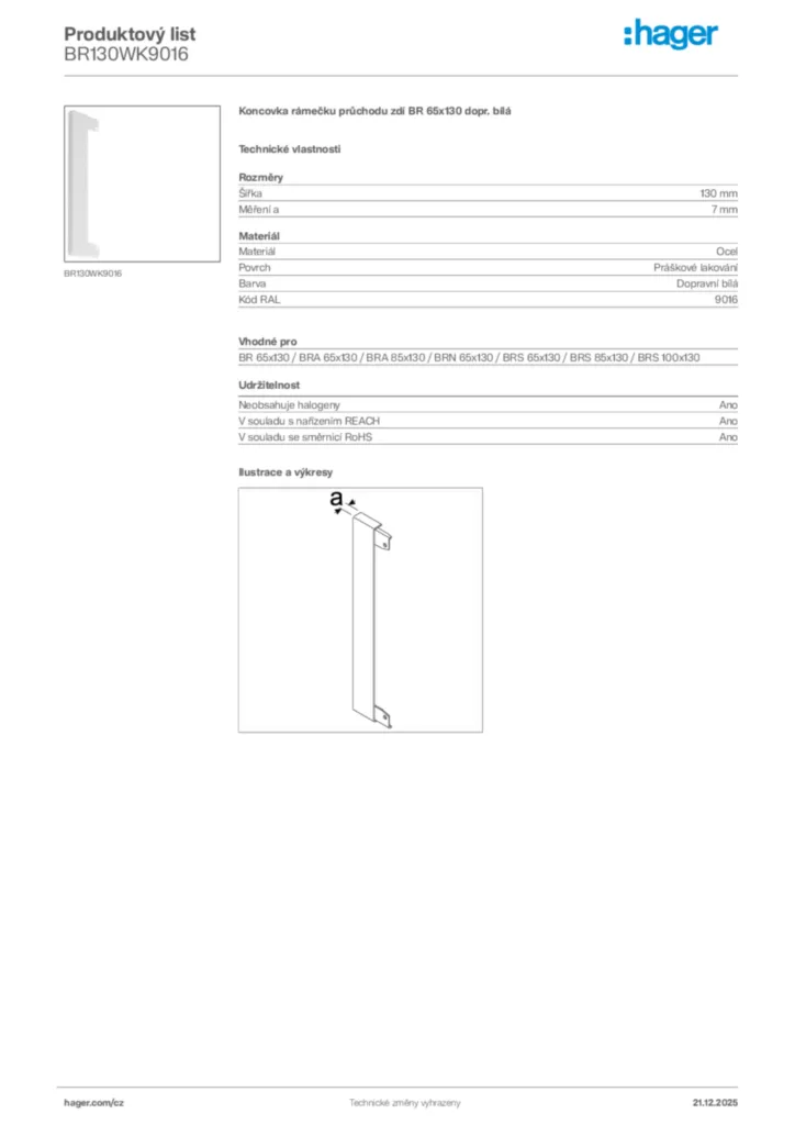 Obrázek Hager Produktový list BR130WK9016 | Hager