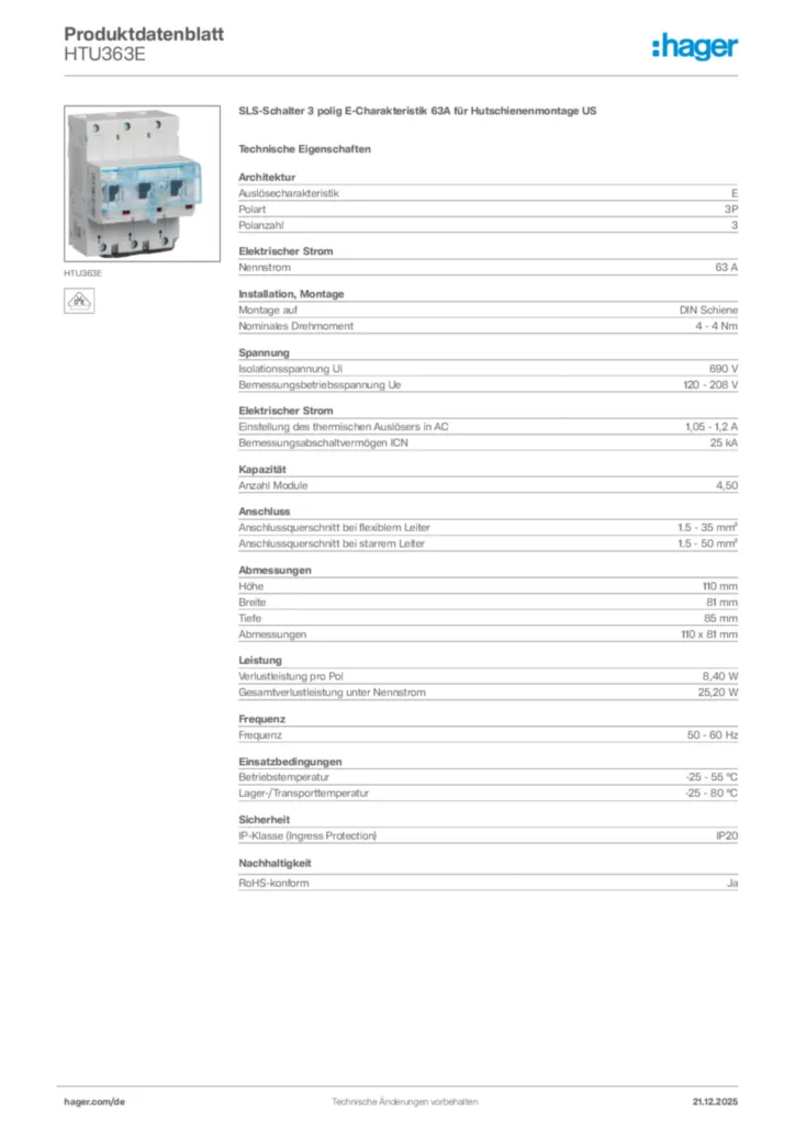 Bild Hager Produktdatenblatt HTU363E | Hager Deutschland