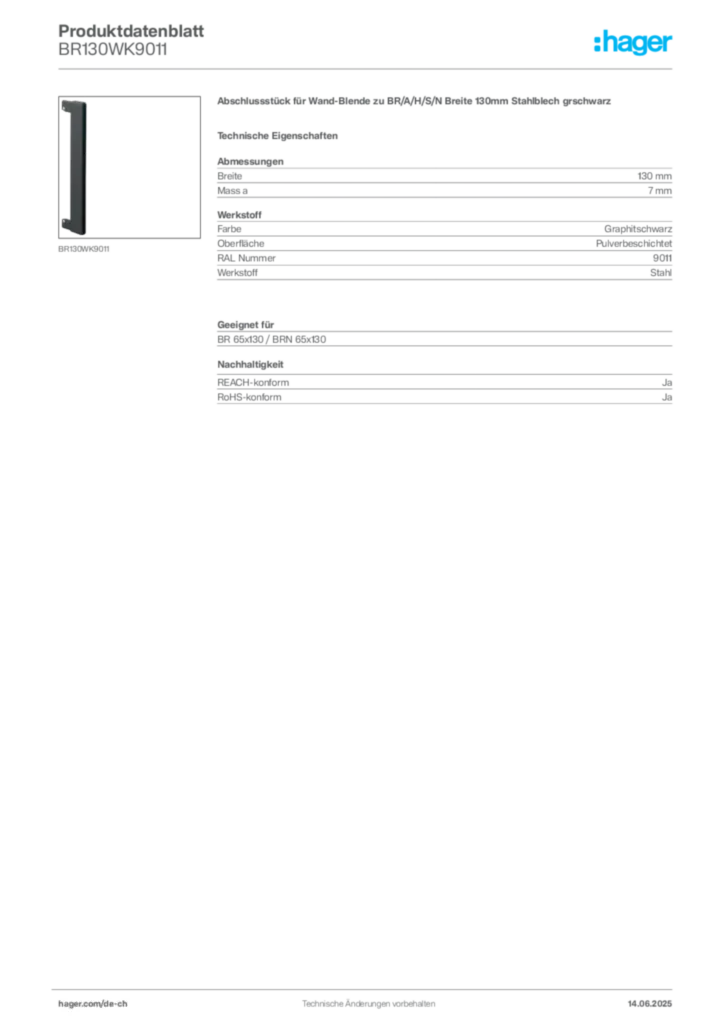 Bild Hager Produktdatenblatt BR130WK9011 | Hager Schweiz