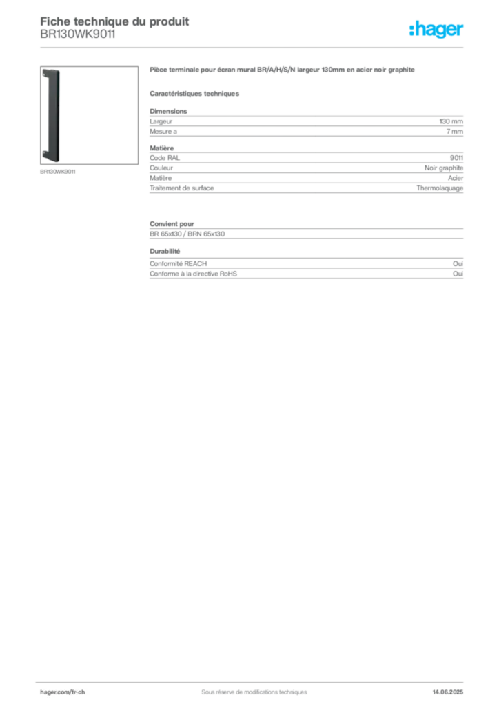 Image Hager Fiche technique du produit BR130WK9011 | Hager Suisse
