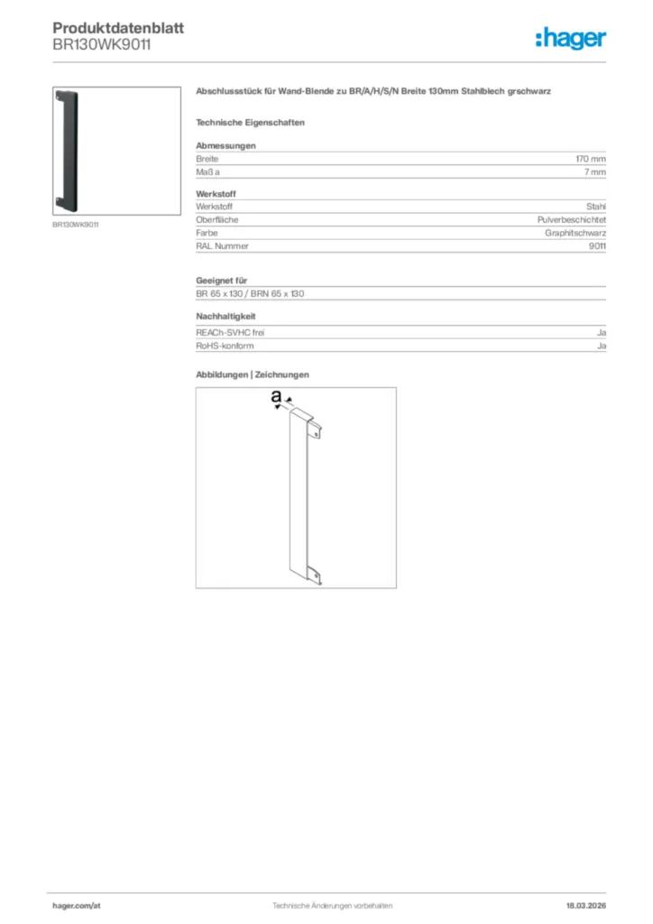 Bild Hager Produktdatenblatt BR130WK9011 | Hager Deutschland
