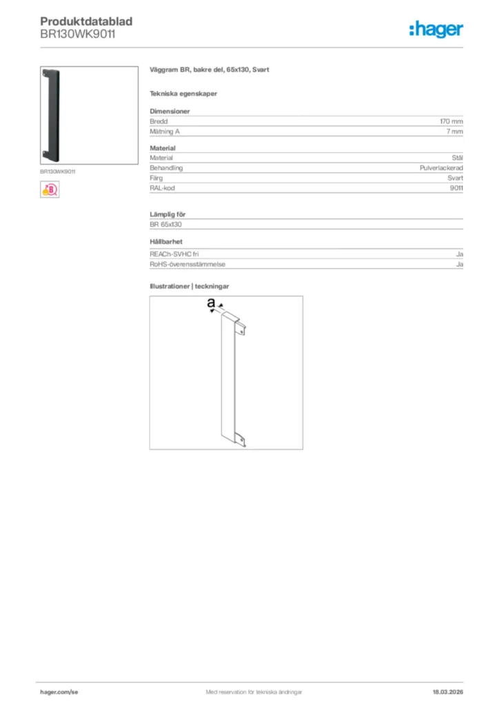 Bild Hager Produktdatablad BR130WK9011 | Hager Sverige