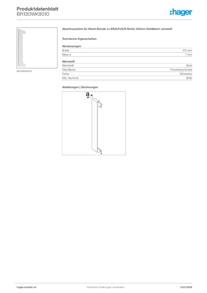 Bild Hager Produktdatenblatt BR130WK9010 | Hager Schweiz