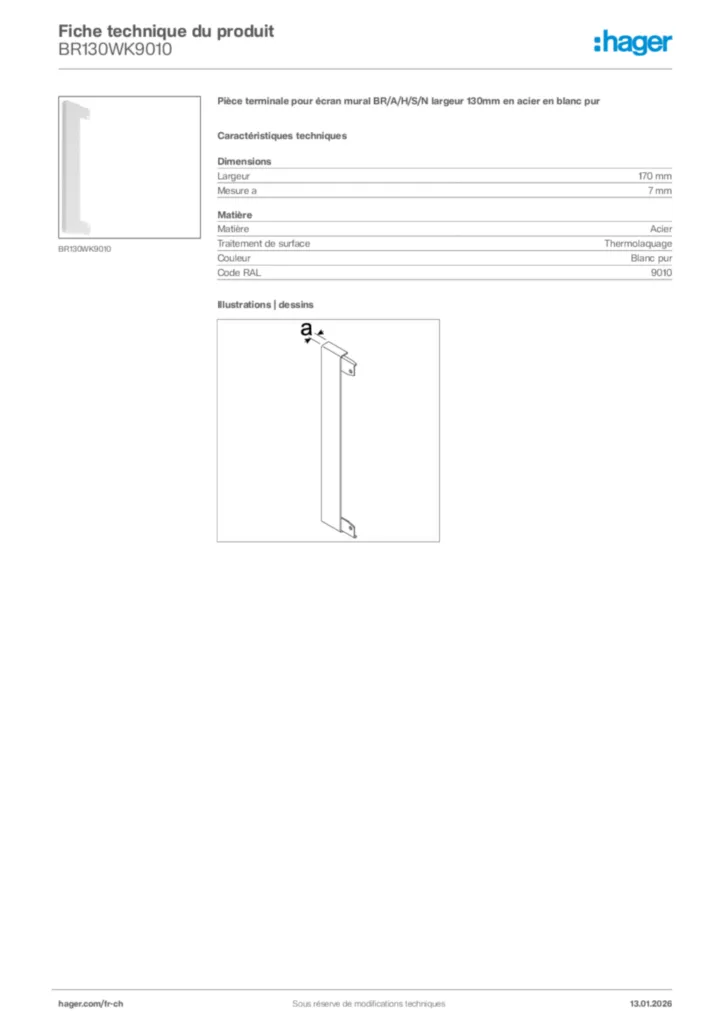 Image Hager Fiche technique du produit BR130WK9010 | Hager Suisse