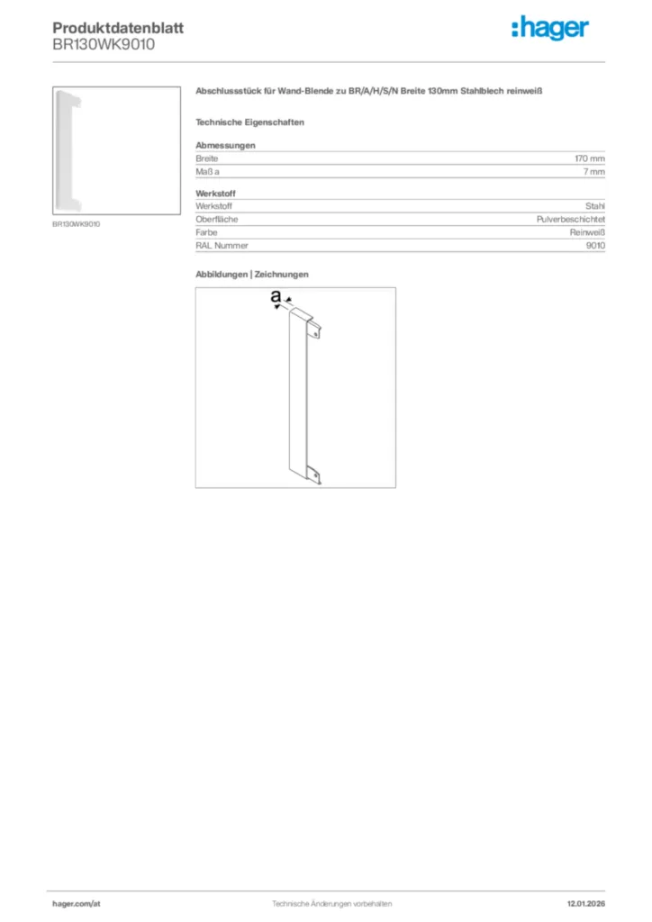 Bild Hager Produktdatenblatt BR130WK9010 | Hager Deutschland