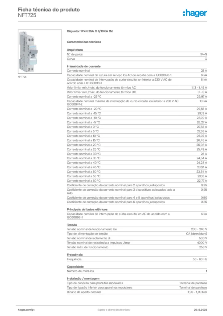 Imagem Hager Ficha técnica do produto NFT725 | Hager Portugal