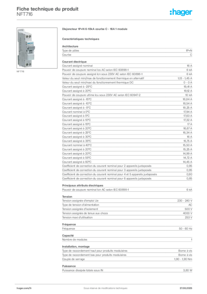 Image Hager Fiche technique du produit NFT716 | Hager France