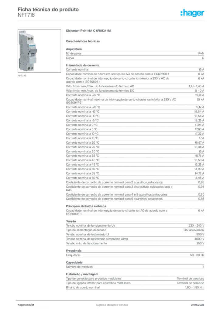 Imagem Hager Ficha técnica do produto NFT716 | Hager Portugal