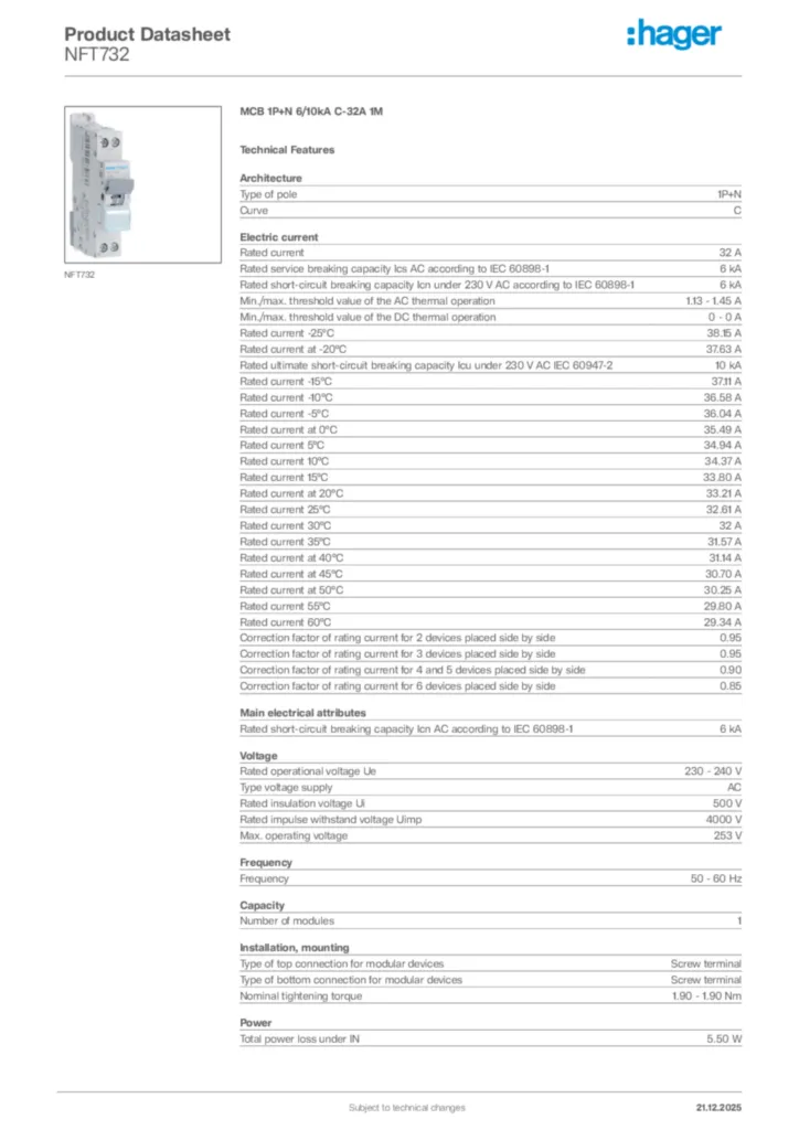 Image Hager Product data sheet NFT732  | Hager Africa