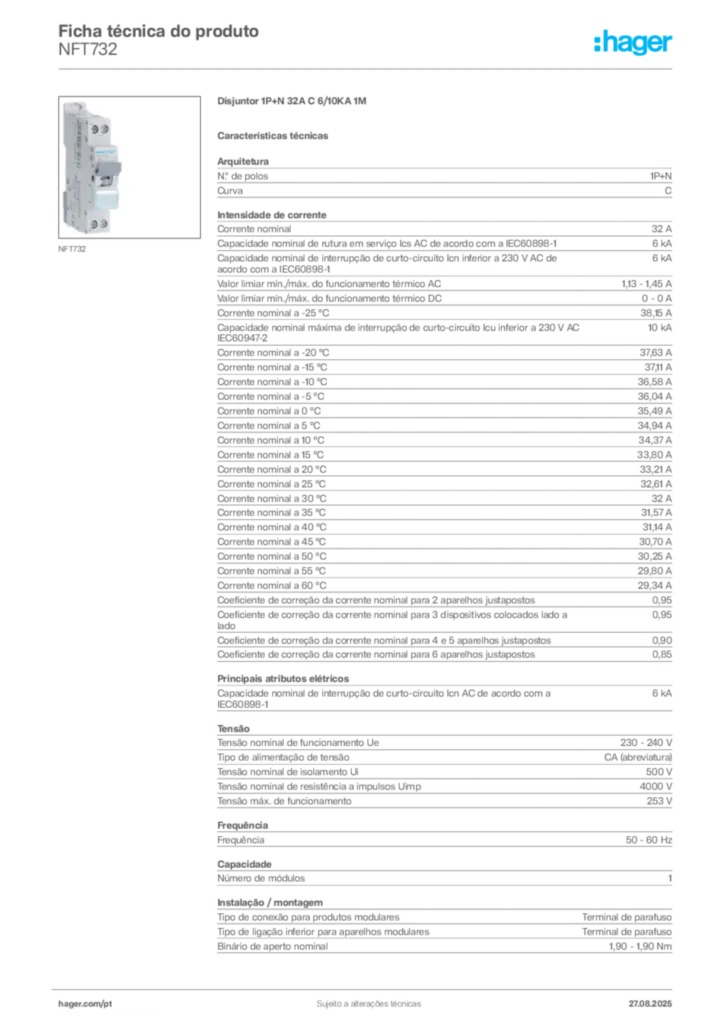 Imagem Hager Ficha técnica do produto NFT732 | Hager Portugal