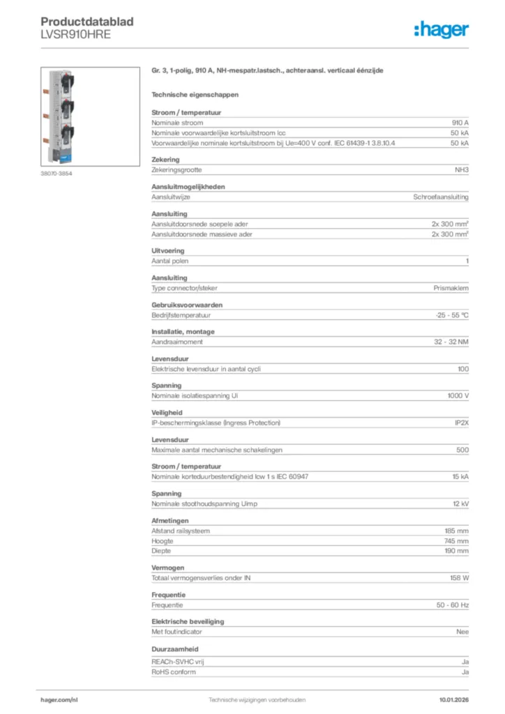Afbeelding Hager Productdatablad LVSR910HRE | Hager Nederland