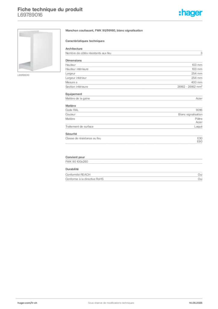 Image Hager Fiche technique du produit L69789016 | Hager Suisse