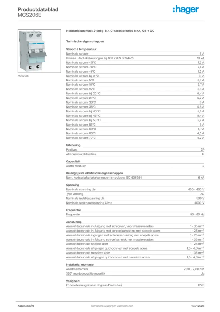 Afbeelding Hager Productdatablad MCS206E | Hager Nederland