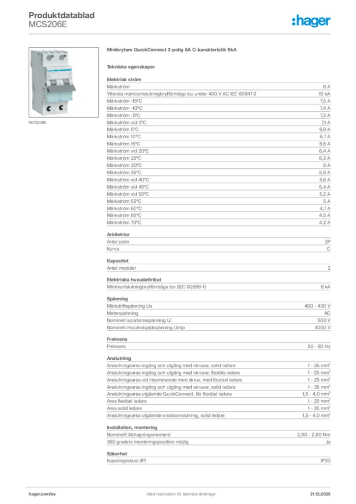 Bild Hager Produktdatablad MCS206E | Hager Sverige