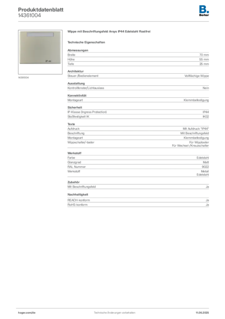 Bild Berker Produktdatenblatt 14361004 | Hager Deutschland