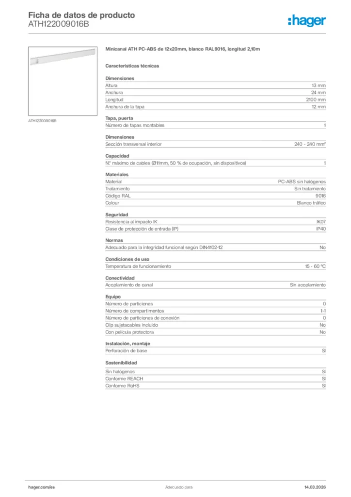 Imagen Hager Ficha de datos de producto ATH122009016B | Hager España
