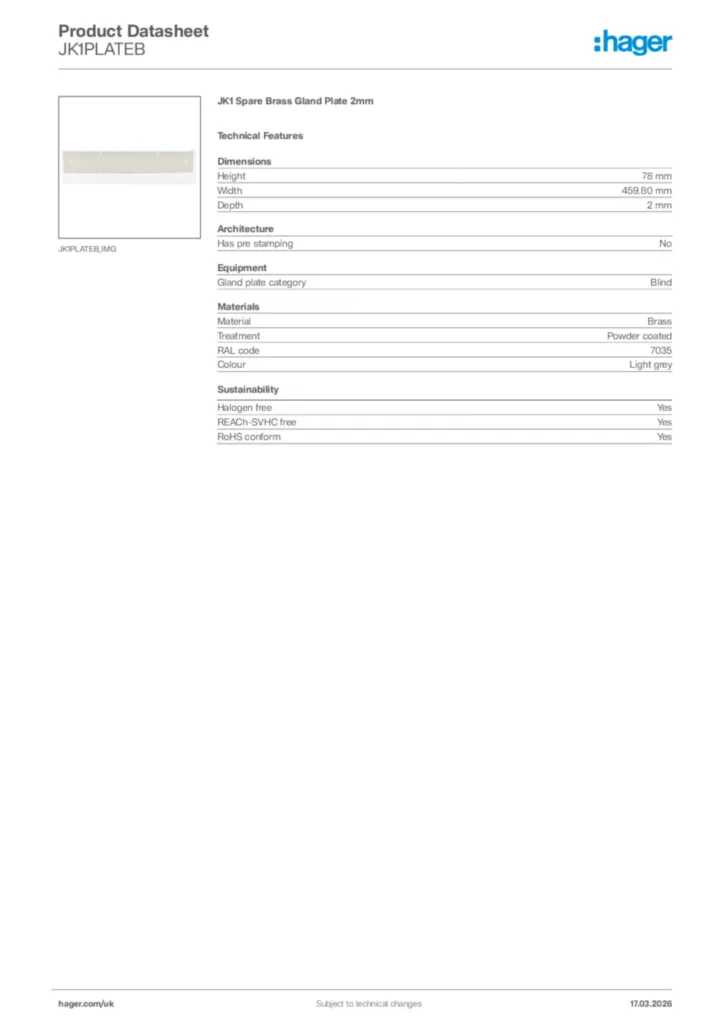 Image Hager Product data sheet JK1PLATEB  | Hager