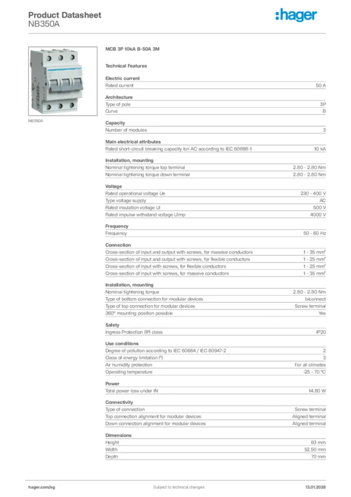 Image Hager Product data sheet NB350A  | Hager