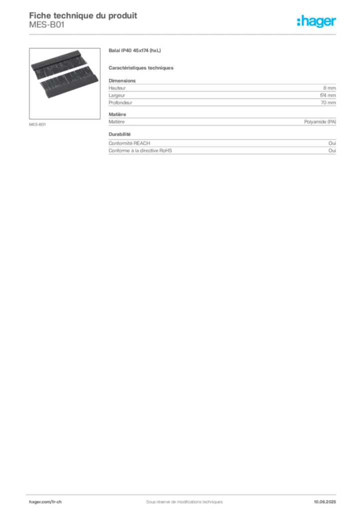 Image Hager Fiche technique du produit MES-B01 | Hager Suisse