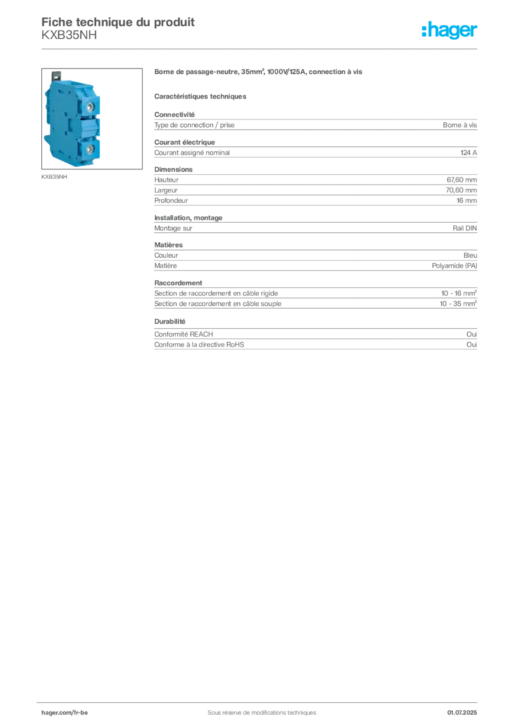 Image Hager Fiche technique du produit KXB35NH | Hager Belgique
