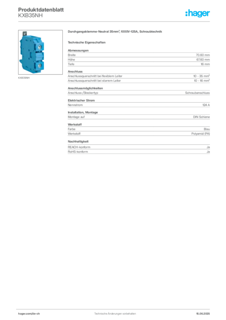 Bild Hager Produktdatenblatt KXB35NH | Hager Schweiz