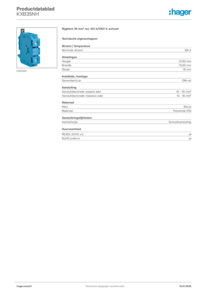Afbeelding Hager Productdatablad KXB35NH | Hager Nederland