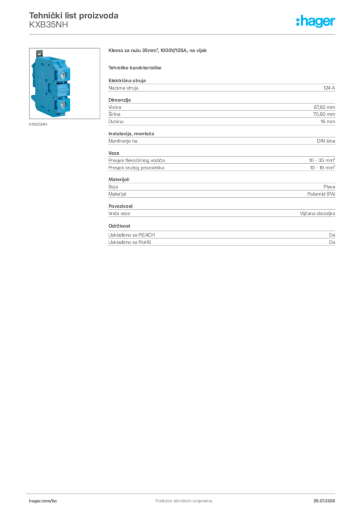 Slika Hager Product data sheet KXB35NH  | Hager