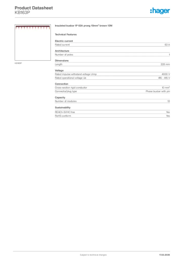 Image Hager Product data sheet KB163P  | Hager Africa