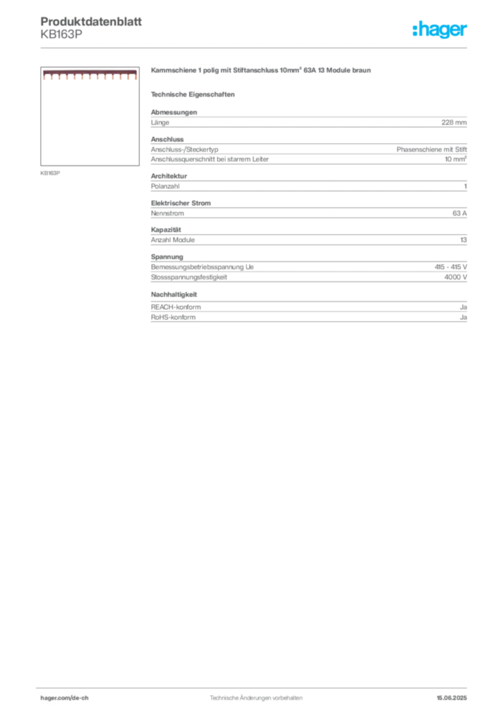 Bild Hager Produktdatenblatt KB163P | Hager Schweiz