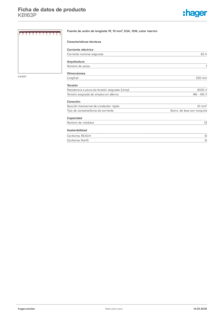 Imagen Hager Ficha de datos de producto KB163P | Hager España