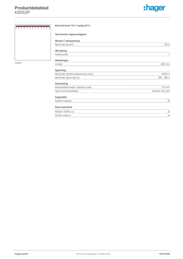 Afbeelding Hager Productdatablad KB163P | Hager Nederland