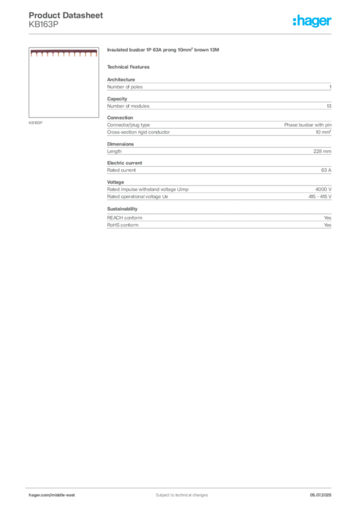 Image Hager Product data sheet KB163P  | Hager