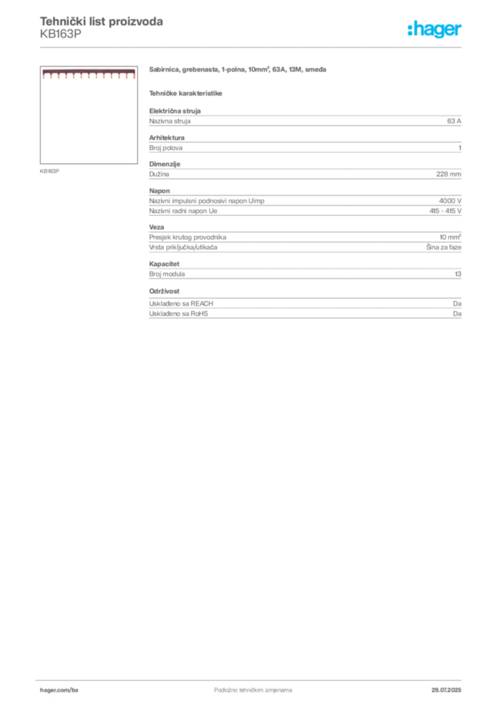 Slika Hager Product data sheet KB163P  | Hager