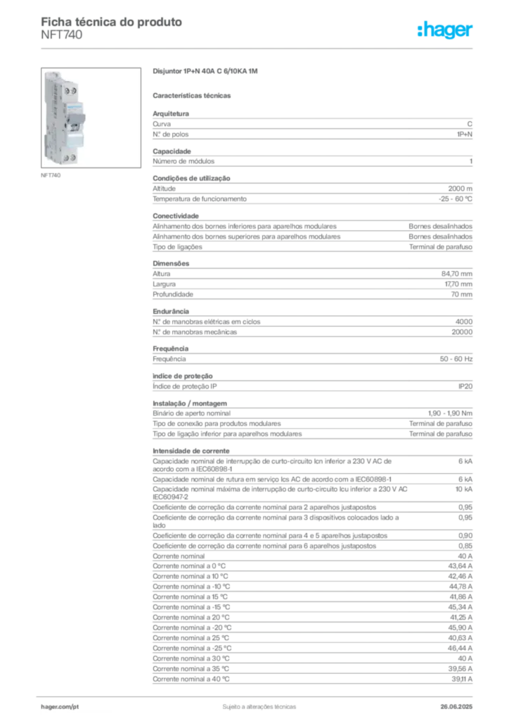 Imagem Hager Ficha técnica do produto NFT740 | Hager Portugal