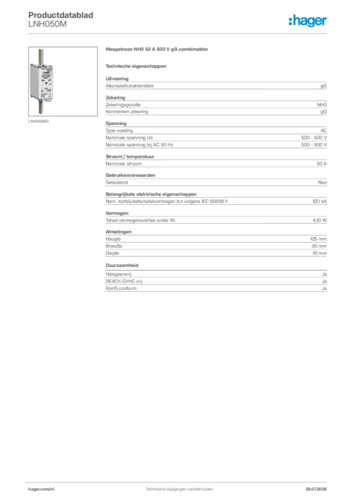 Afbeelding Hager Productdatablad LNH050M | Hager Nederland