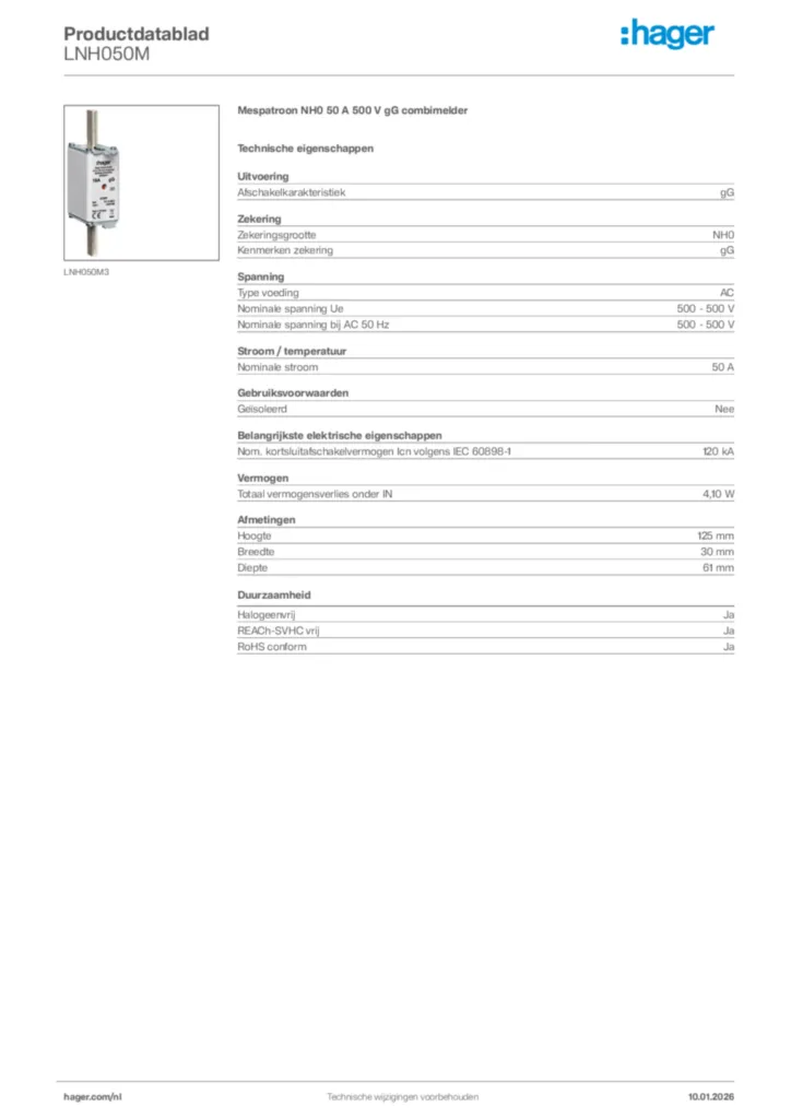 Afbeelding Hager Productdatablad LNH050M | Hager Nederland