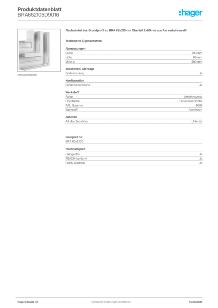 Bild Hager Produktdatenblatt BRA652105D9016 | Hager Schweiz