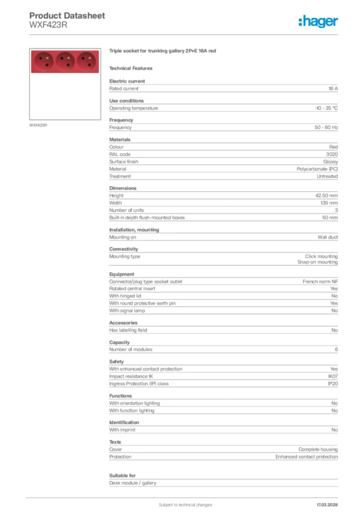 Image Hager Product data sheet WXF423R  | Hager Africa