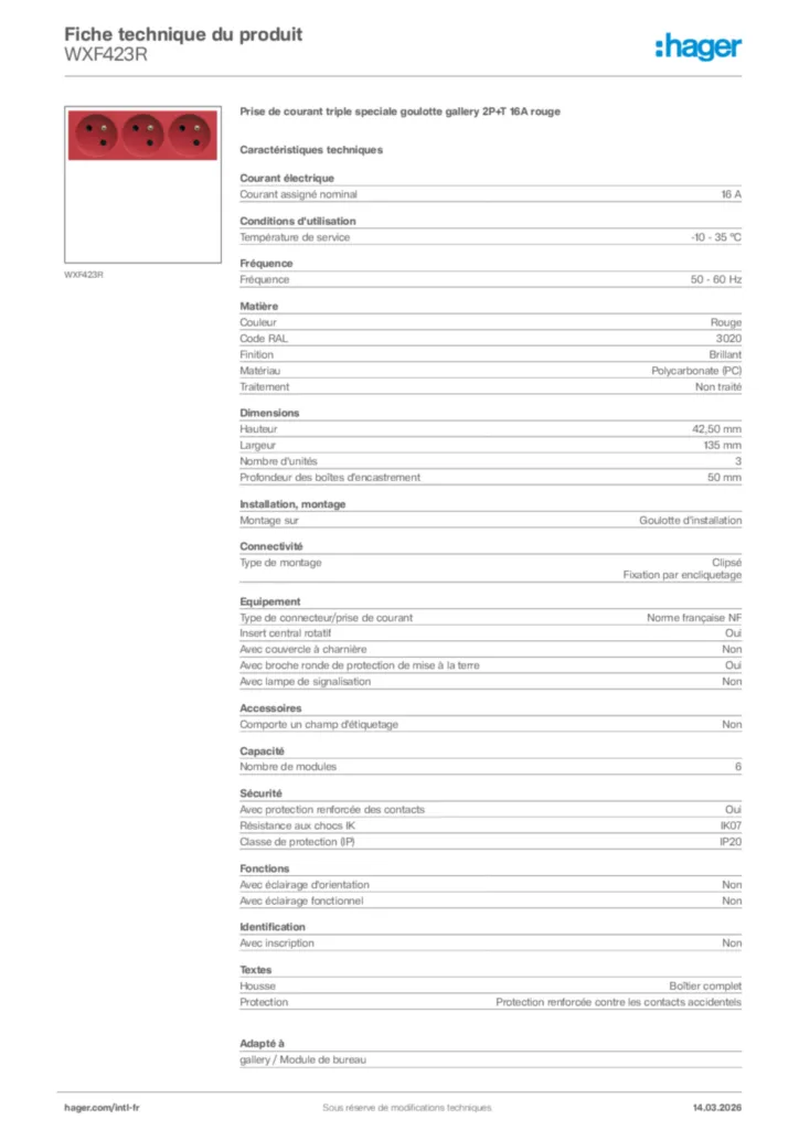 Image Hager Fiche technique du produit WXF423R | Hager Afrique