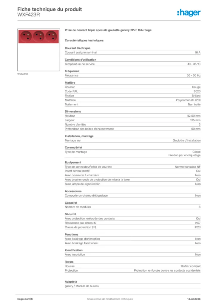 Image Hager Fiche technique du produit WXF423R | Hager France