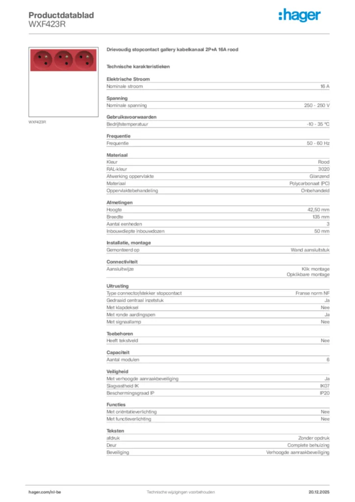Afbeelding Hager Productdatablad WXF423R | Hager Belgium