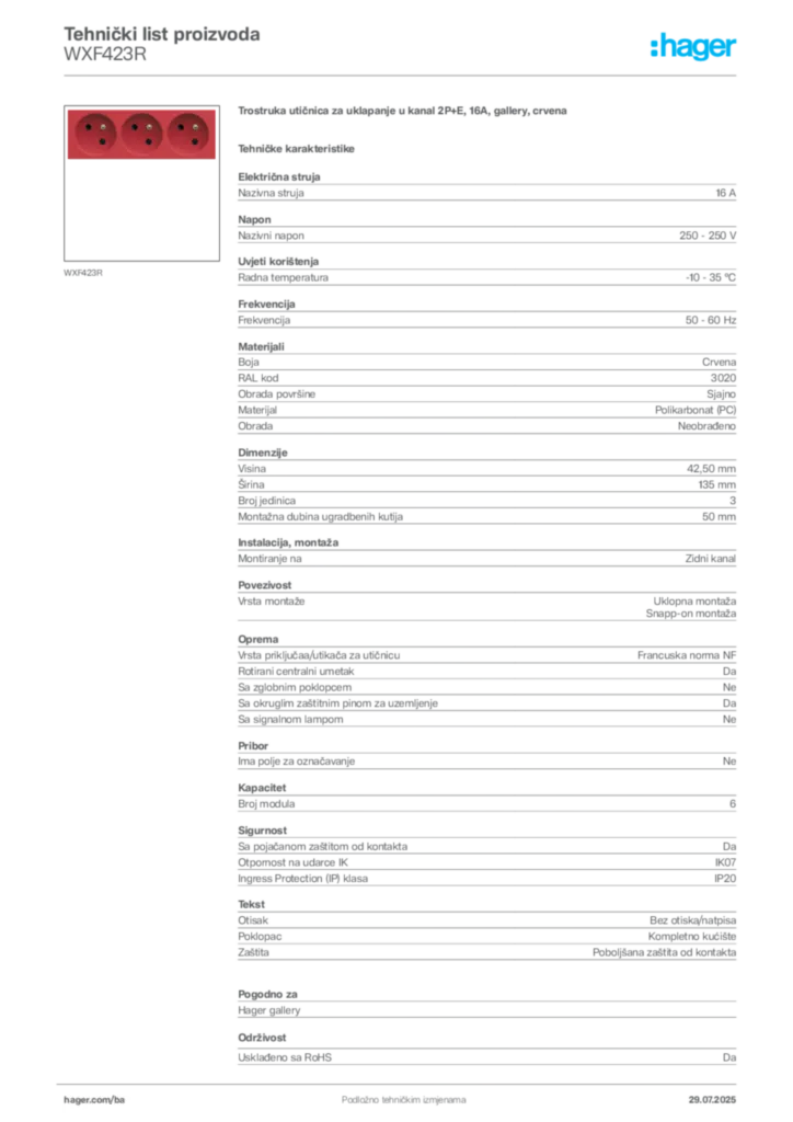 Slika Hager Product data sheet WXF423R  | Hager