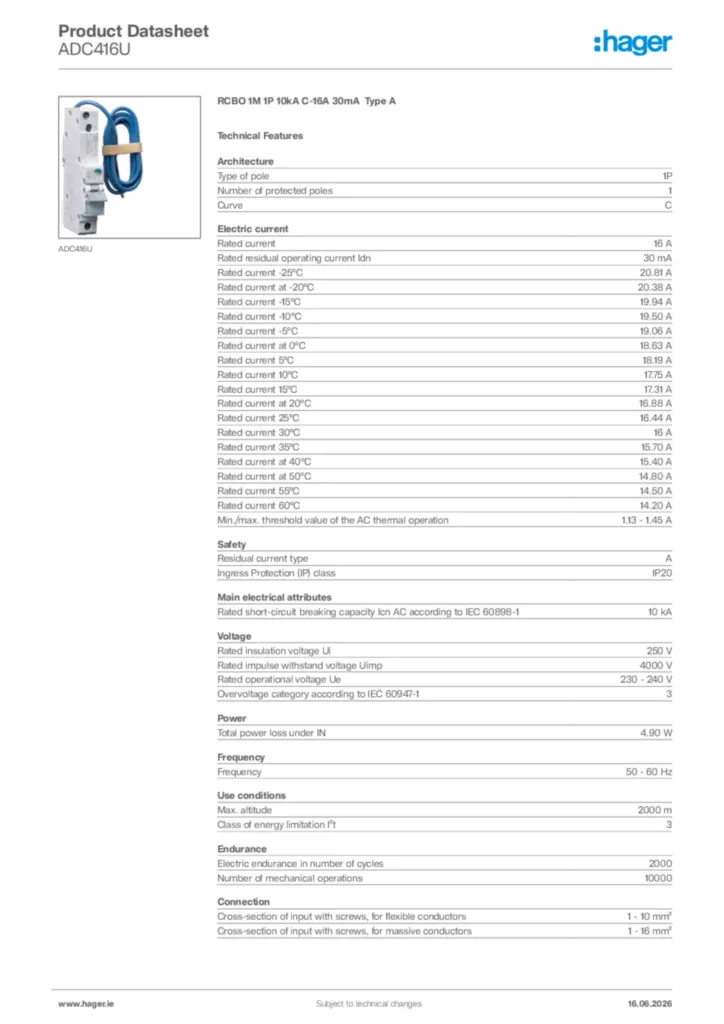 Image Hager Product data sheet ADC416U  | Hager