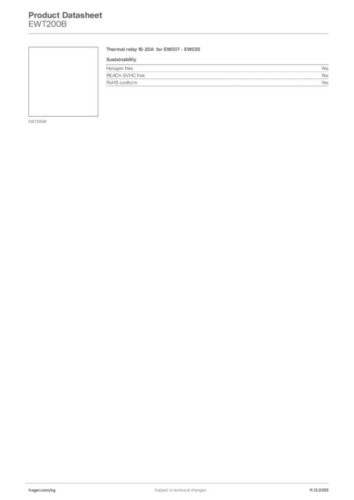 Image Hager Product data sheet EWT200B  | Hager