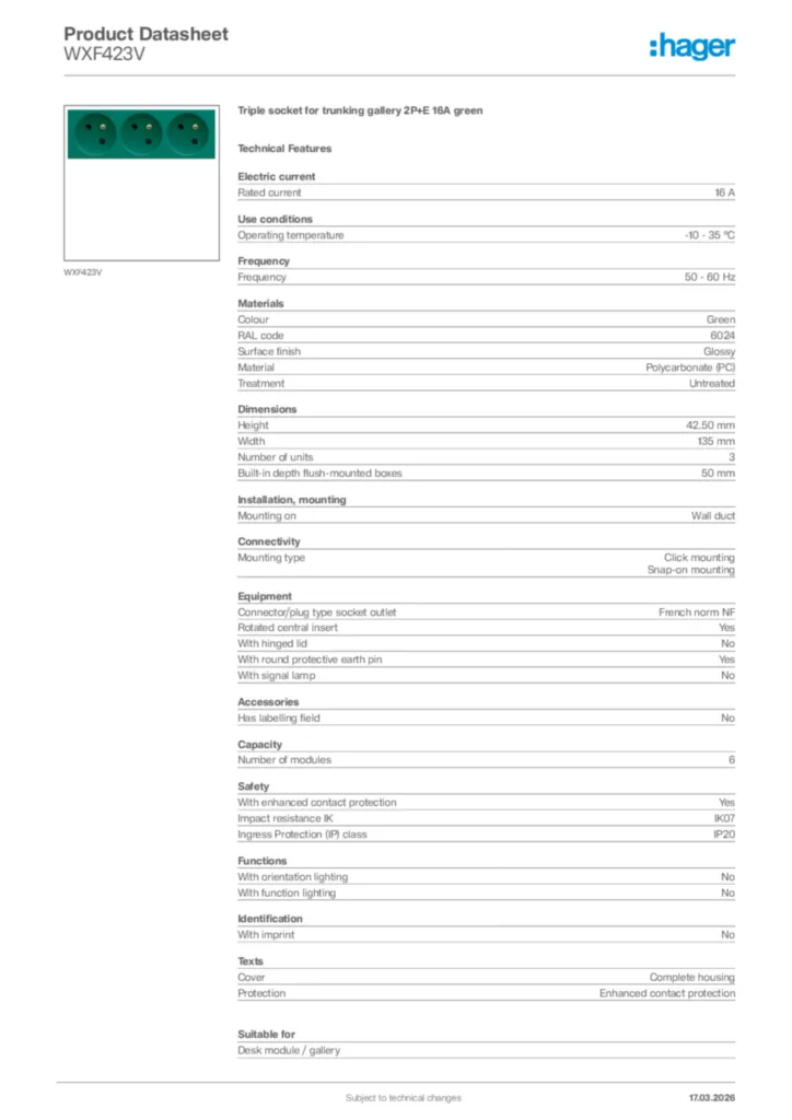 Image Hager Product data sheet WXF423V  | Hager Africa