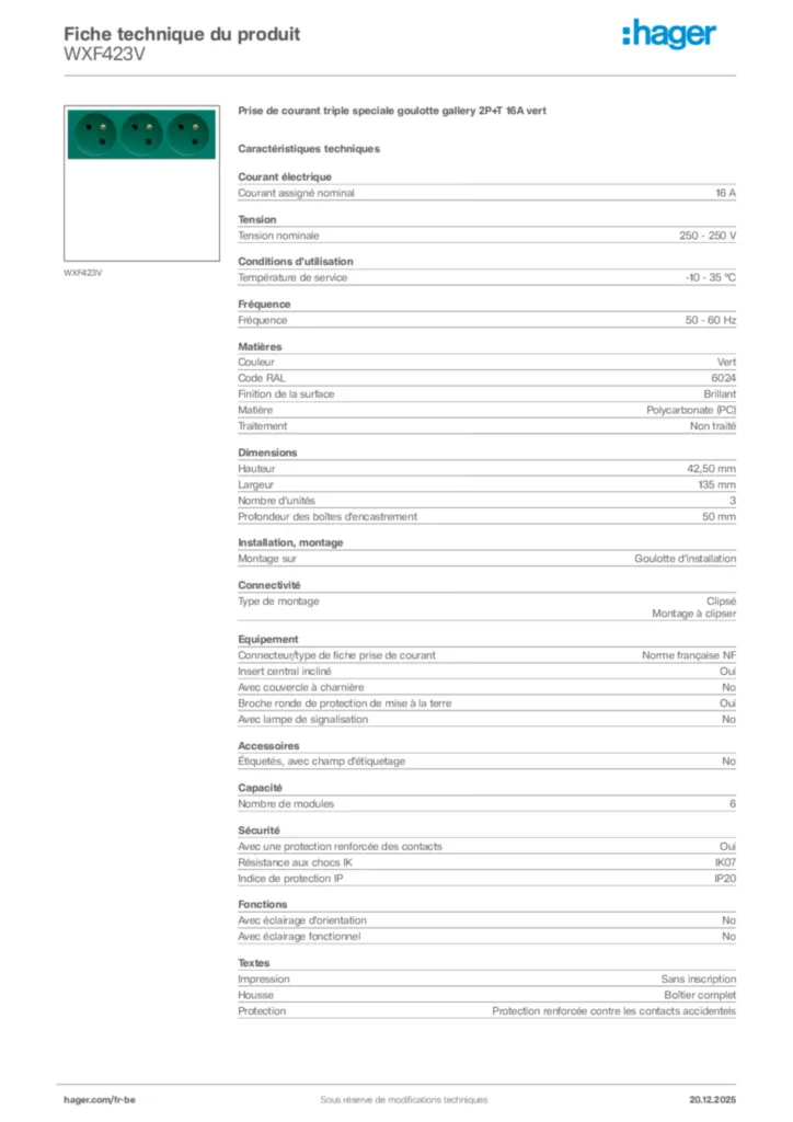 Image Hager Fiche technique du produit WXF423V | Hager Belgique