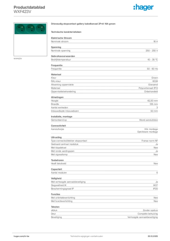 Afbeelding Hager Productdatablad WXF423V | Hager Belgium