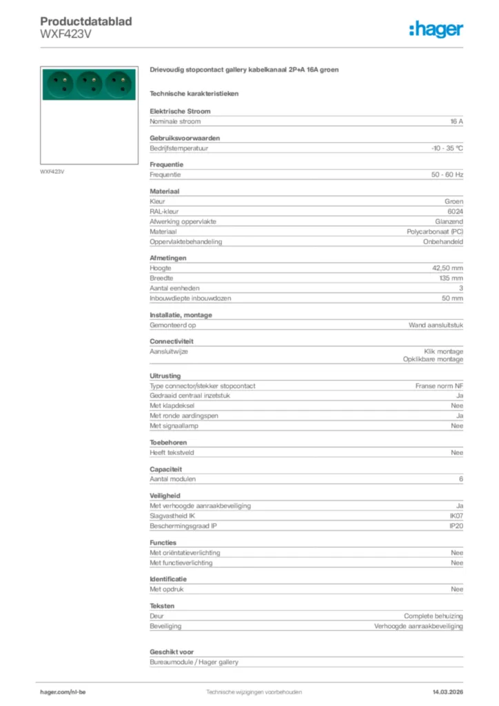 Afbeelding Hager Productdatablad WXF423V | Hager Belgium